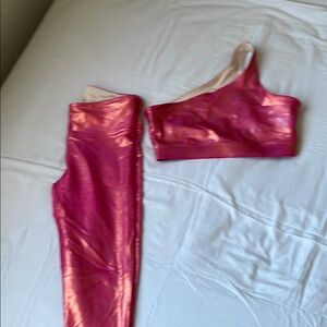 Shiny Pink One-Shoulder Top and Leggings Set- Heroine Sport